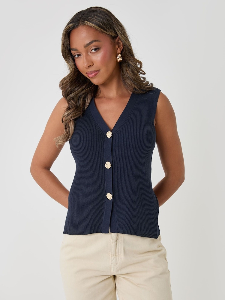 Threadbare Blue Ribbed Longline Waistcoat - Image 1 of 4 Threadbare Blue Ribbed Longline Waistcoat - Image 1 of 4