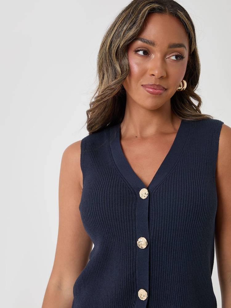 Threadbare Blue Ribbed Longline Waistcoat - Image 4 of 4 Threadbare Blue Ribbed Longline Waistcoat - Image 4 of 4