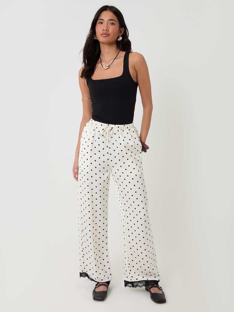 Threadbare Black Polka Dot Satin Lace Trim Wide Leg Trousers - Image 1 of 4 Threadbare Black Polka Dot Satin Lace Trim Wide Leg Trousers - Image 1 of 4