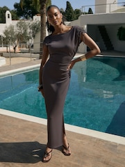 Threadbare Charcoal Grey Ruched Midi Dress with Shoulder Tie Details - Image 1 of 7