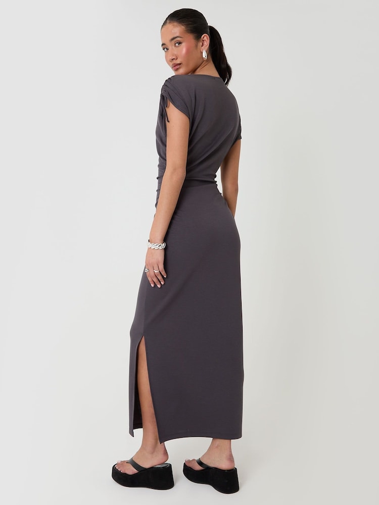 Threadbare Charcoal Grey Ruched Midi Dress with Shoulder Tie Details - Image 2 of 7 Threadbare Charcoal Grey Ruched Midi Dress with Shoulder Tie Details - Image 2 of 7