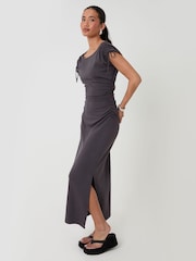 Threadbare Charcoal Grey Ruched Midi Dress with Shoulder Tie Details - Image 3 of 7