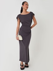 Threadbare Charcoal Grey Ruched Midi Dress with Shoulder Tie Details - Image 4 of 7