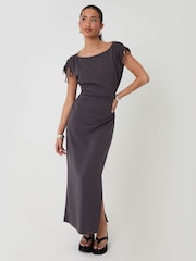 Threadbare Charcoal Grey Ruched Midi Dress with Shoulder Tie Details - Image 5 of 7