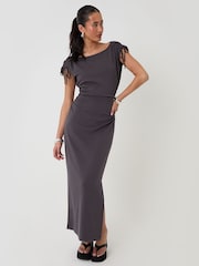 Threadbare Charcoal Grey Ruched Midi Dress with Shoulder Tie Details - Image 6 of 7