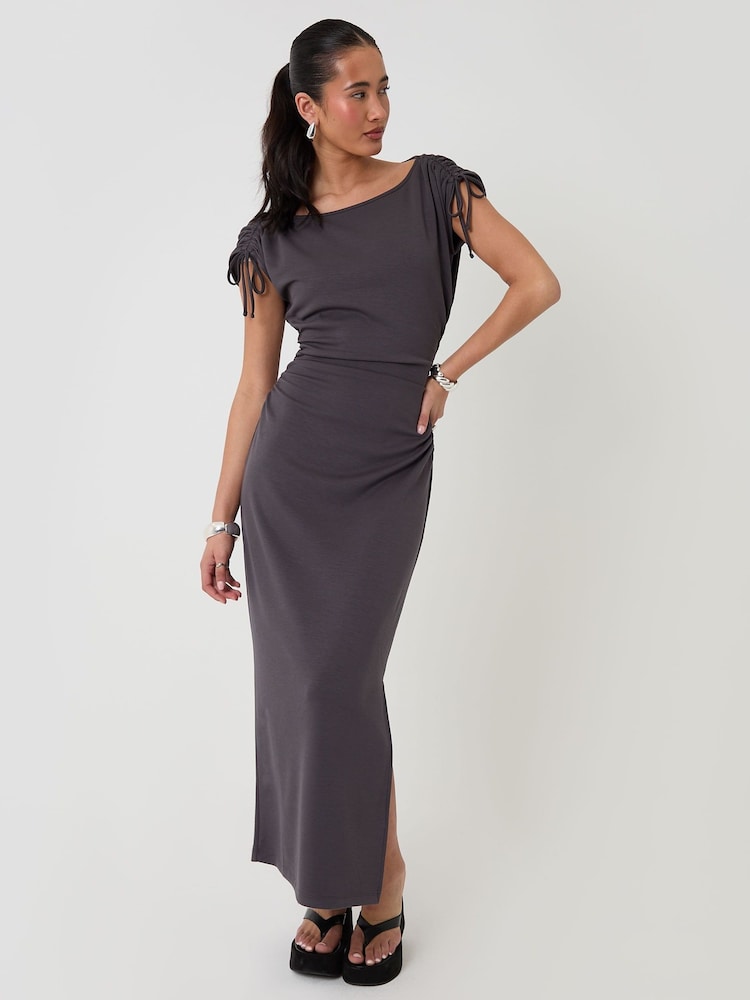 grey ruched midi dress Womens Threadbare Black Ruched Midi Dress with Shoulder Tie Details US 10