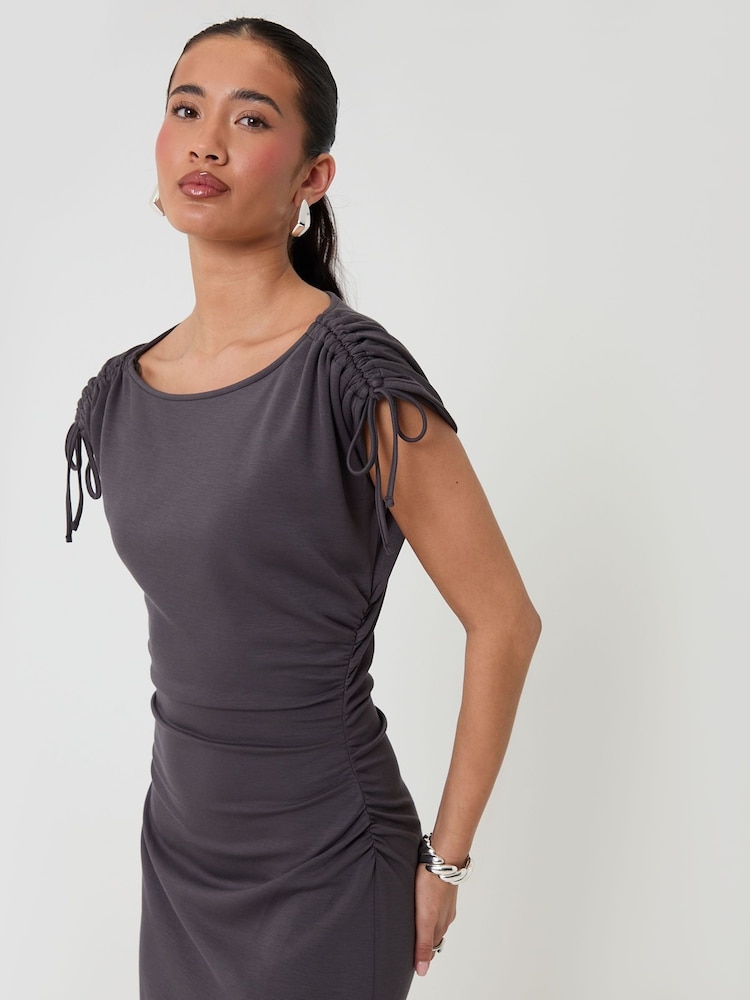 Threadbare Charcoal Grey Ruched Midi Dress with Shoulder Tie Details - Image 7 of 7 Threadbare Charcoal Grey Ruched Midi Dress with Shoulder Tie Details - Image 7 of 7