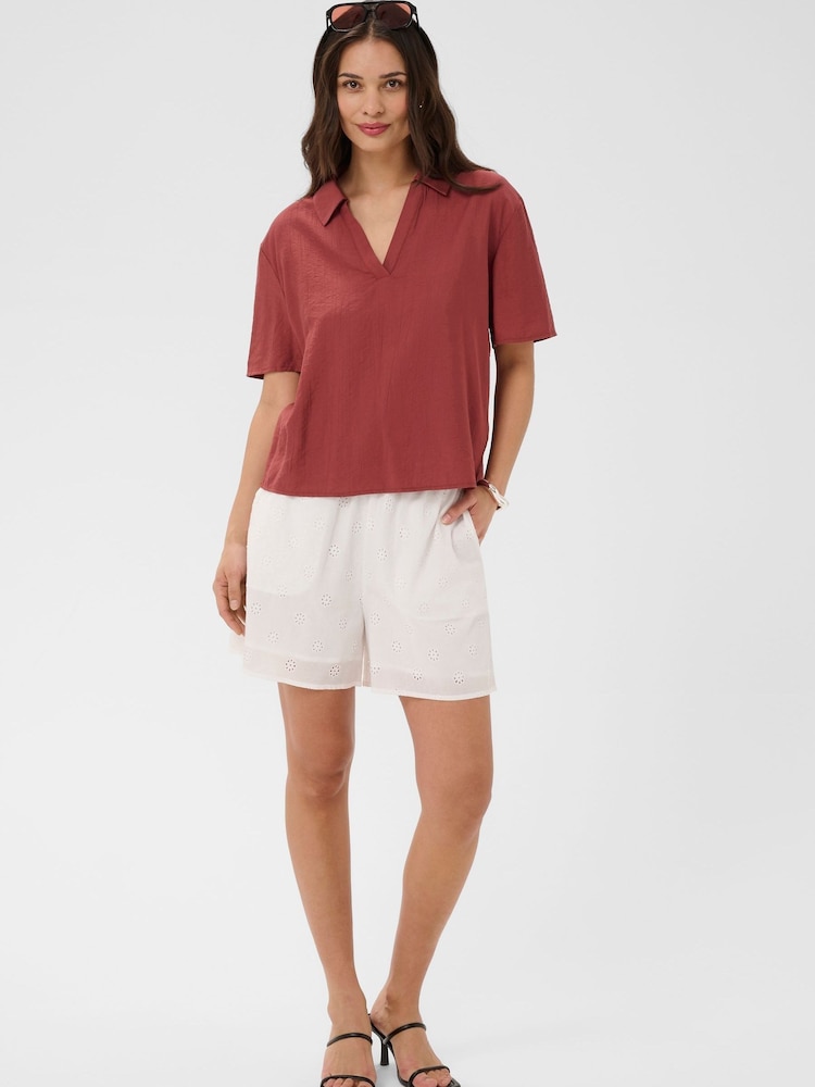Kaffe White Embroidered Mid Rise Relaxed Shorts - Image 1 of 5 Kaffe White Embroidered Mid Rise Relaxed Shorts - Image 1 of 5