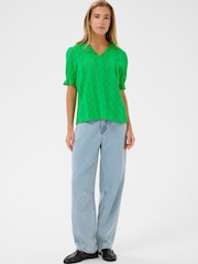 Kaffe Green Ruffle V-Neck Eyelet Blouse - Image 2 of 5