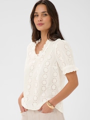 Kaffe White Ruffle V-Neck Eyelet Blouse - Image 1 of 5