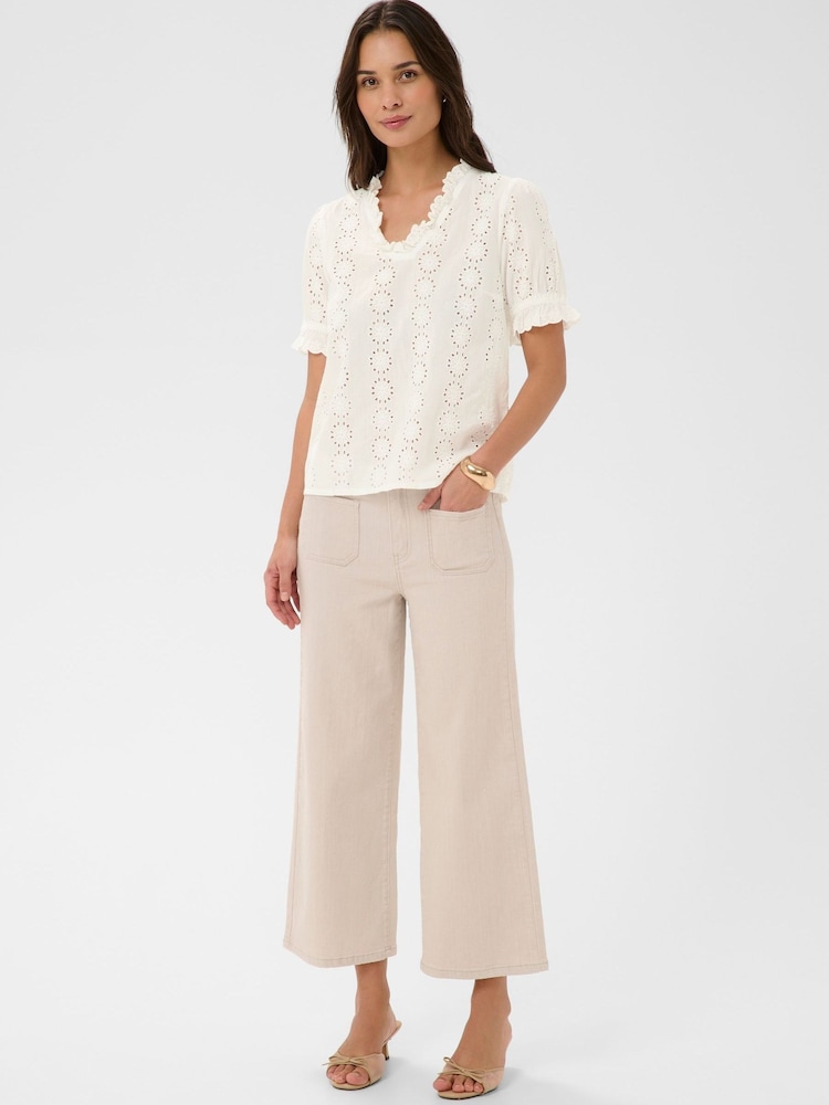 Kaffe White Ruffle V-Neck Eyelet Blouse - Image 2 of 5
