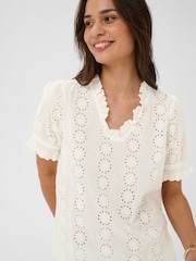 Kaffe White Ruffle V-Neck Eyelet Blouse - Image 3 of 5