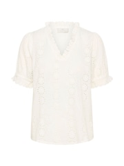 Kaffe White Ruffle V-Neck Eyelet Blouse - Image 4 of 5
