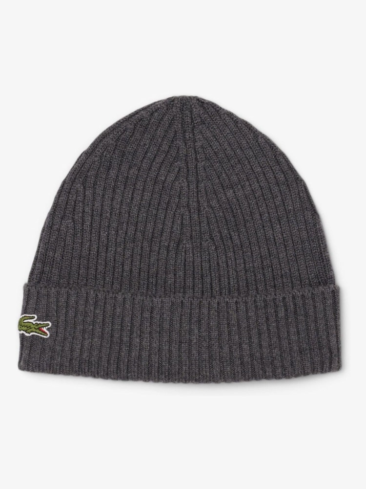 Lacoste Grey Brushed Wool Rib Knit Beanie - Image 1 of 2