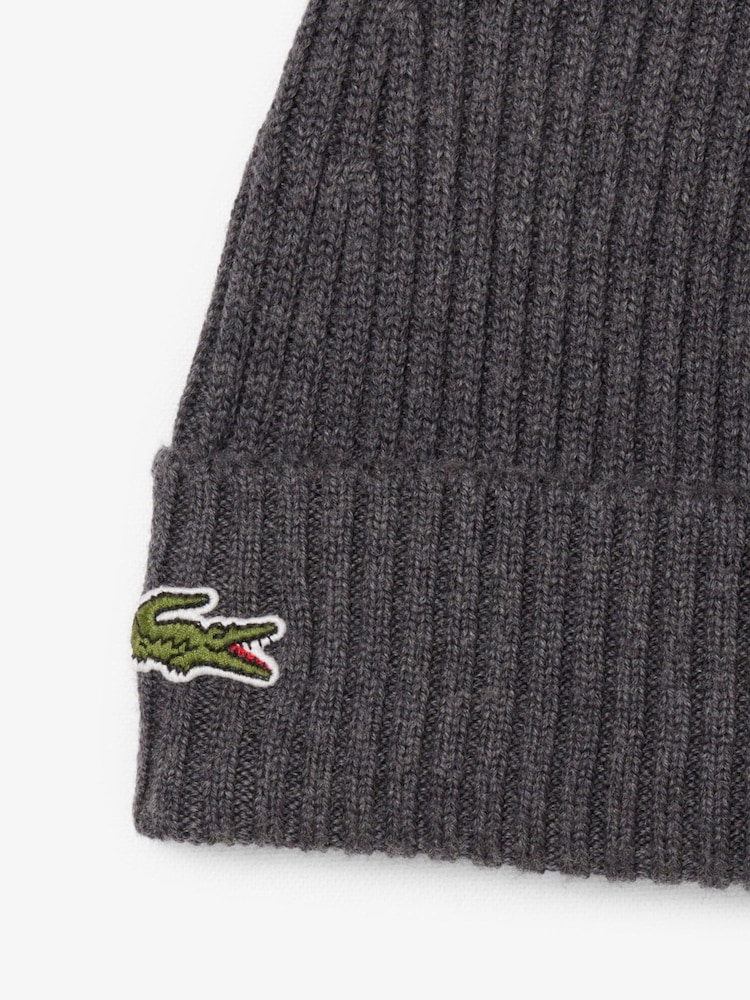 Lacoste Grey Brushed Wool Rib Knit Beanie - Image 2 of 2