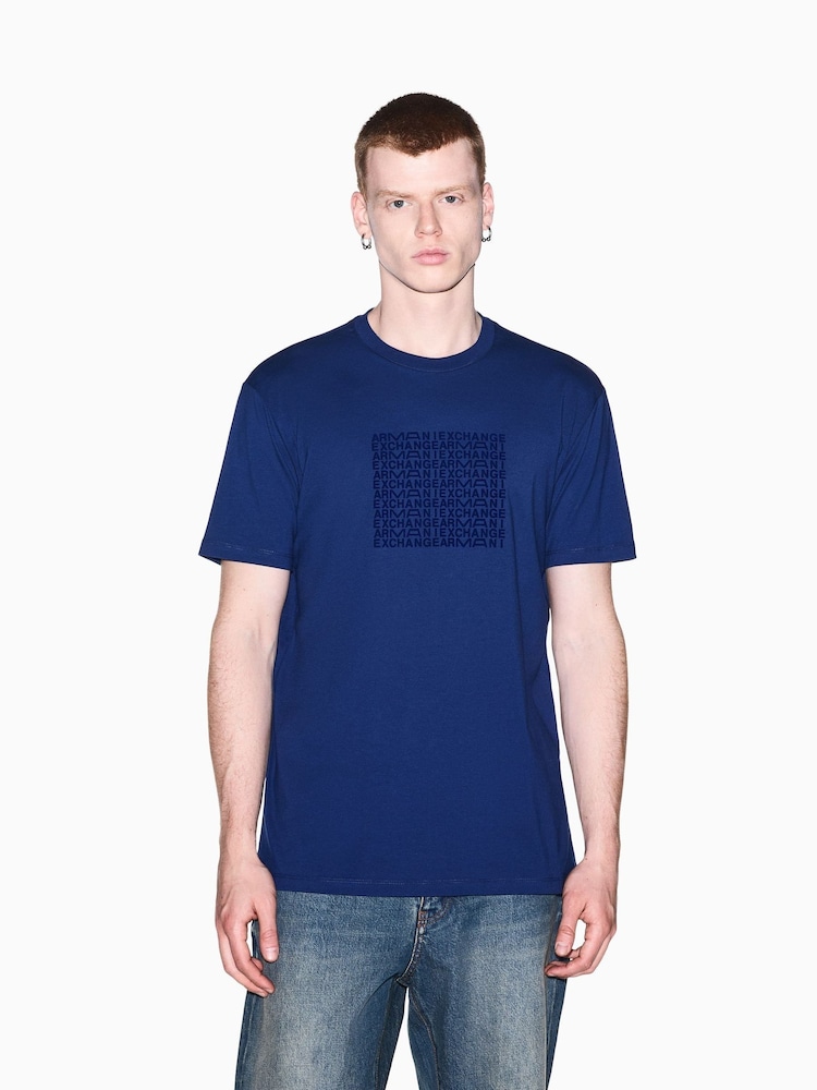Armani Exchange Blue Regular-Fit Logo T-Shirt - Image 1 of 8 Armani Exchange Blue Regular-Fit Logo T-Shirt - Image 1 of 8