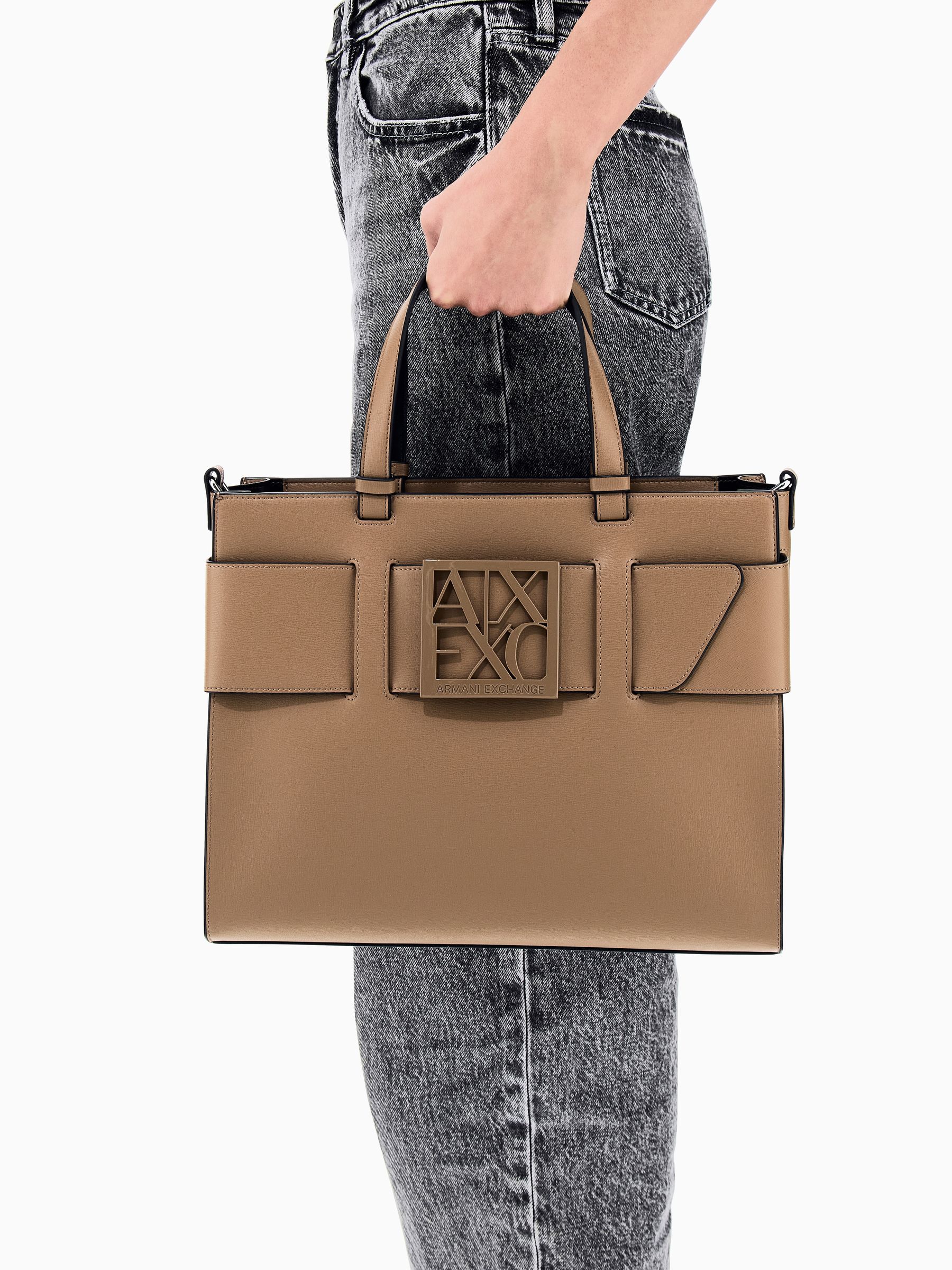 Armani Exchange , Shopping Bags, Female, Brown, One Size, Shoulder Strap Bag With Double Handles And Logo Buckle - Image 3