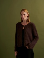 Коричневий - CERENE Wool Brushed Merino Crew Neck Cardigan - Image 1 of 3