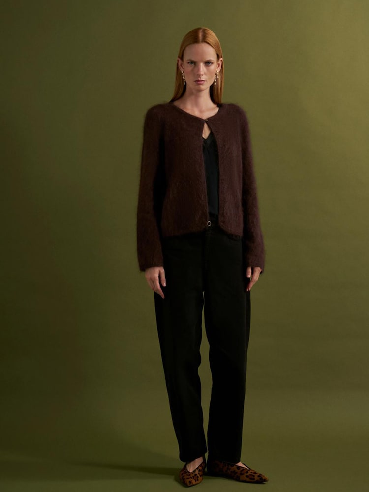 Коричневий - CERENE Wool Brushed Merino Crew Neck Cardigan - Image 2 of 3