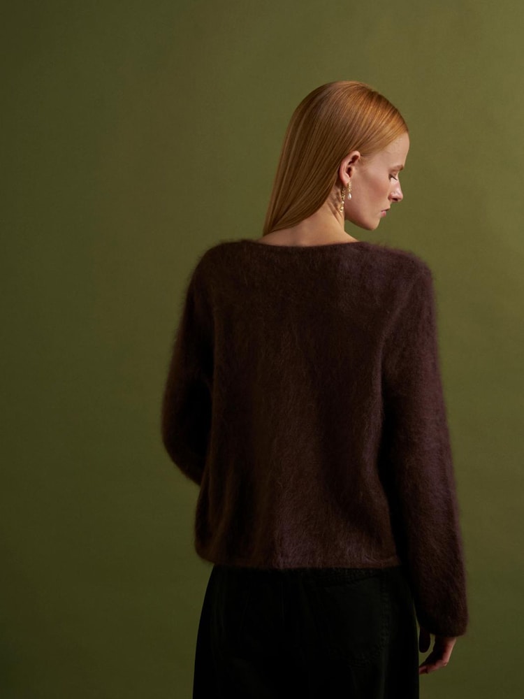 Коричневий - CERENE Wool Brushed Merino Crew Neck Cardigan - Image 3 of 3