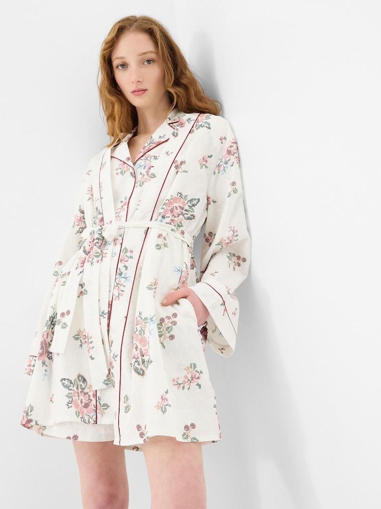 Accessorize Cream Floral Print Short Dressing Gown - Image 1 of 4
