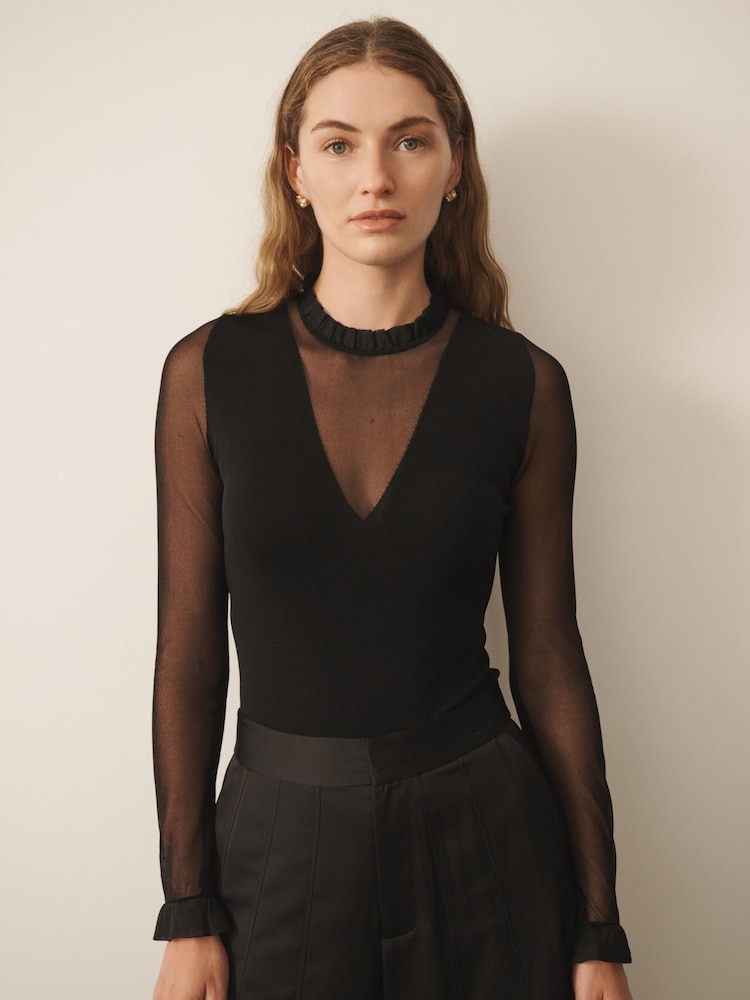 CERENE Vivienne Black Knitted Sheer Sleeve Bodysuit - Image 1 of 10 CERENE Vivienne Black Knitted Sheer Sleeve Bodysuit - Image 1 of 10