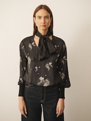 CERENE Bridget Black Precious Print Satin Scarf Detail Knitted Back Blouse - Image 1 of 10