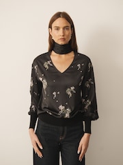 CERENE Bridget Black Precious Print Satin Scarf Detail Knitted Back Blouse - Image 2 of 10