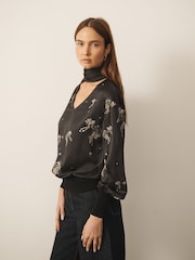 CERENE Bridget Black Precious Print Satin Scarf Detail Knitted Back Blouse - Image 3 of 10
