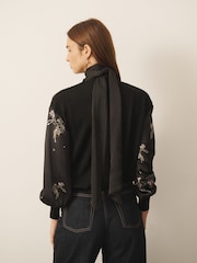 CERENE Bridget Black Precious Print Satin Scarf Detail Knitted Back Blouse - Image 4 of 10