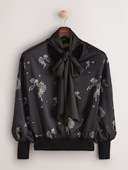 CERENE Bridget Black Precious Print Satin Scarf Detail Knitted Back Blouse - Image 5 of 10
