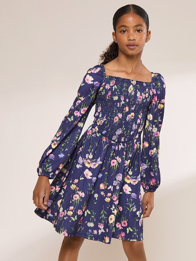 Lipsy Navy Blue Printed Crinkle Jersey Dress (5-16yrs) - Image 1 of 6
