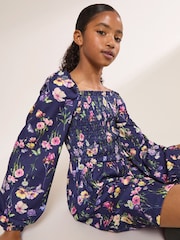 Lipsy Navy Blue Printed Crinkle Jersey Dress (5-16yrs) - Image 3 of 6