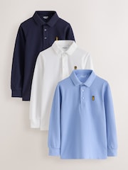 Blue/ Navy/ White Stag Long Sleeve Polo Shirts 3 Pack (3-16yrs) - Image 1 of 7