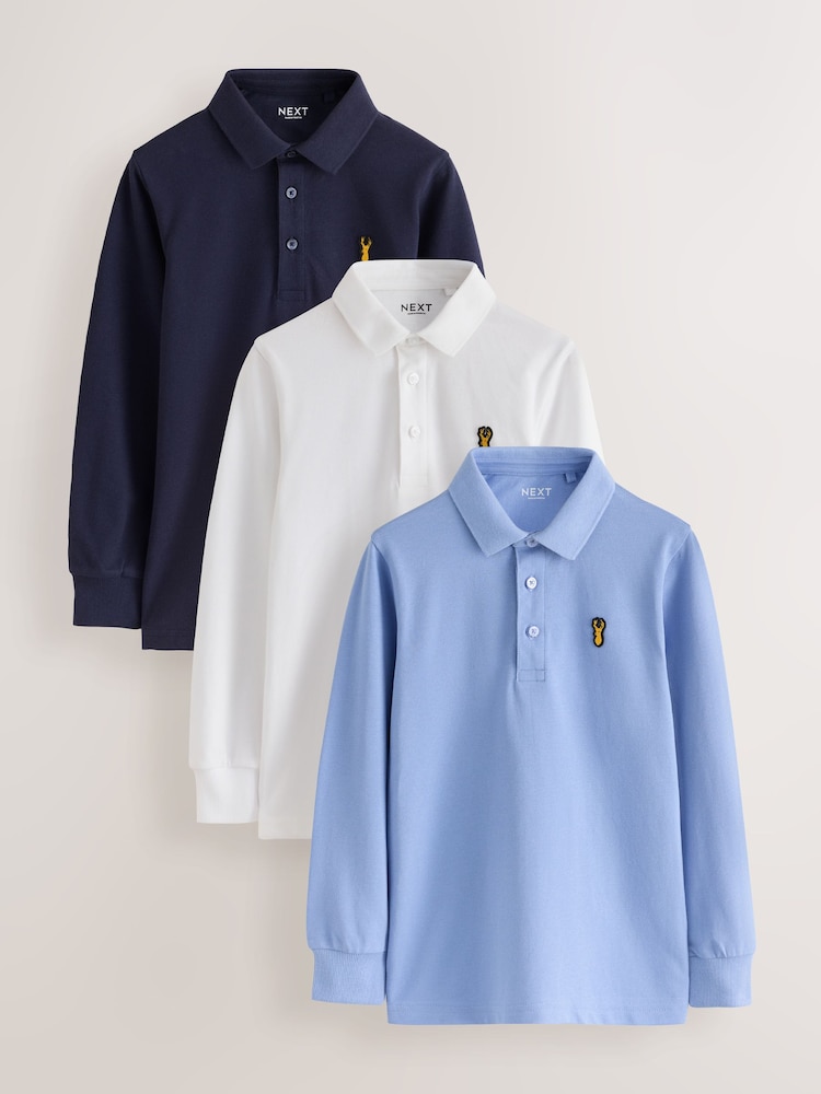 Blue/ Navy/ White Stag Long Sleeve Polo Shirts 3 Pack (3-16yrs) - Image 1 of 7