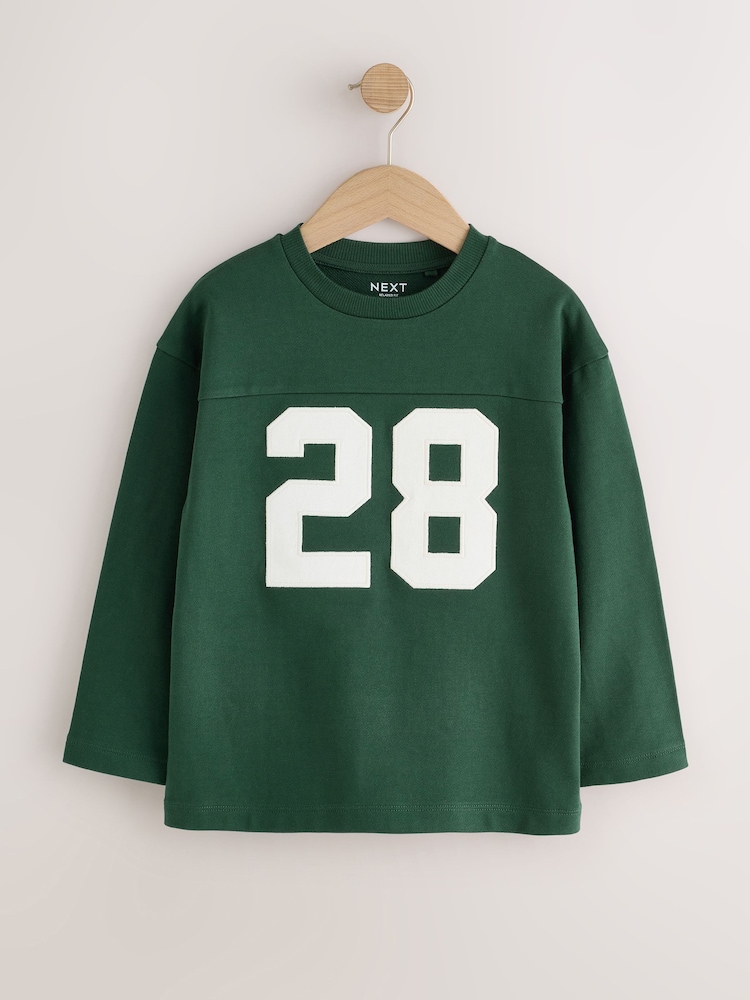 Green Long Sleeve Heavyweight Varsity T-Shirt (3-16yrs) - Image 1 of 4 Green Long Sleeve Heavyweight Varsity T-Shirt (3-16yrs) - Image 1 of 4