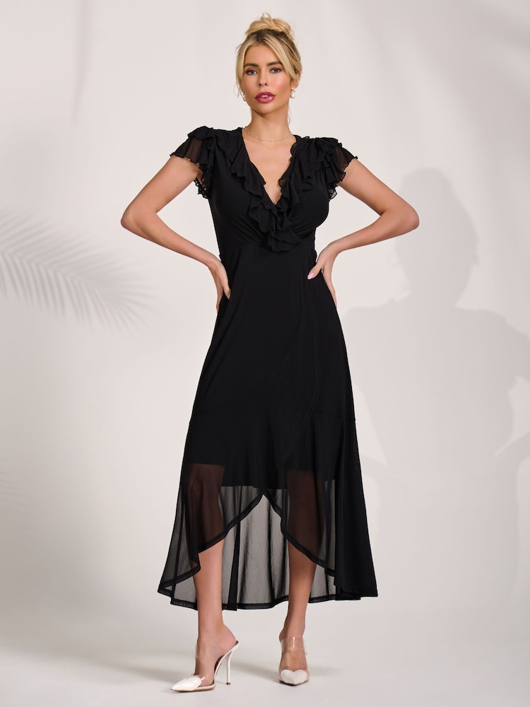 黑色 - Jolie Moi Ruffled Mesh Maxi Dress - 圖片 1/6