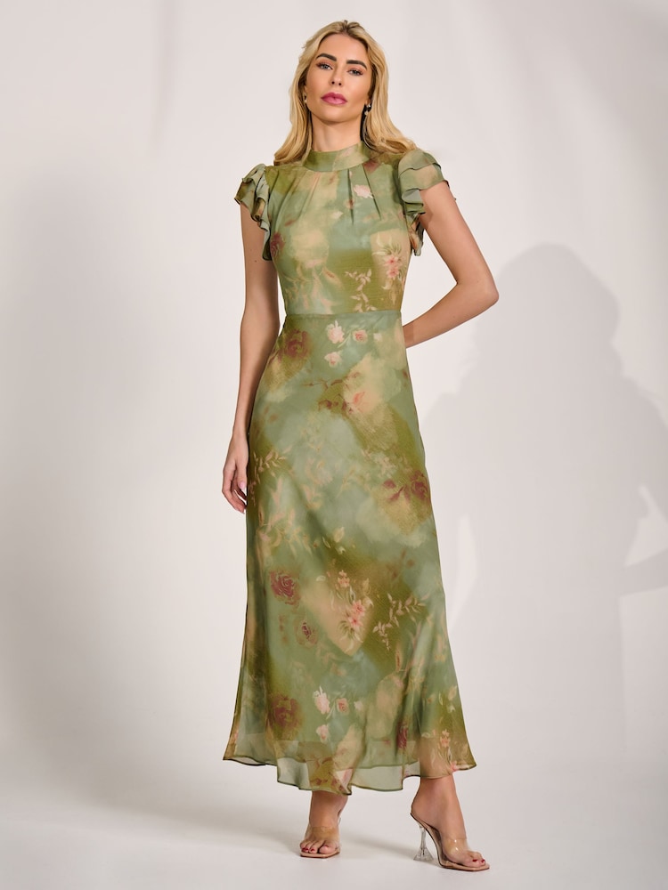 Verde - Jolie Moi Alto Neck Ruffle Sleeve Chiffon Maxi Dress - Imagen 1 de 6
