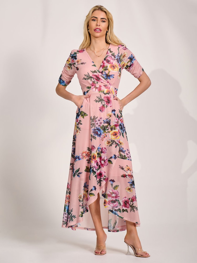 Jolie Moi Ruched Sleeve Mesh Maxi Dress - 圖片 1/6