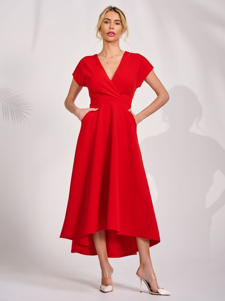 Jolie Moi Red Printed Scuba Dipped Hem Maxi Dress - Image 1 of 6 Jolie Moi Red Printed Scuba Dipped Hem Maxi Dress - Image 1 of 6