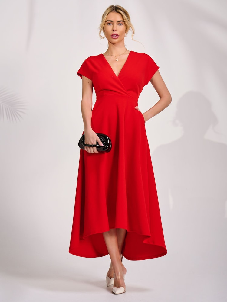 Jolie Moi Red Printed Scuba Dipped Hem Maxi Dress - Image 6 of 6 Jolie Moi Red Printed Scuba Dipped Hem Maxi Dress - Image 6 of 6