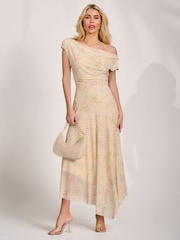 黃色 - Jolie Moi 不對稱垂墜網紗連身長裙 - 圖片 1/6