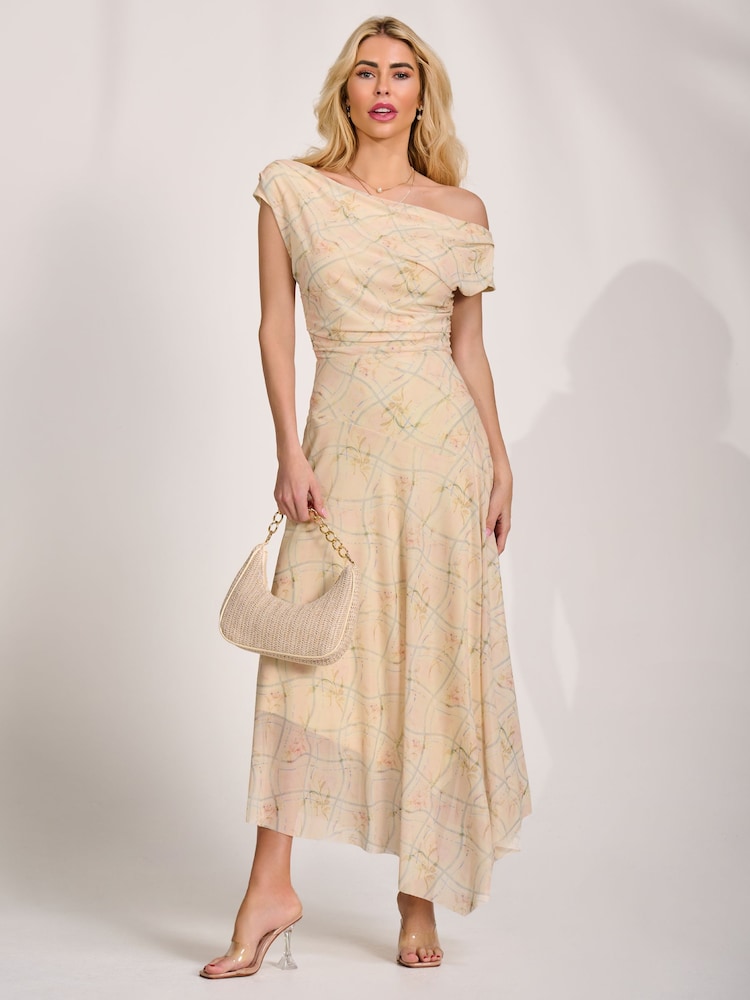 黃色 - Jolie Moi 不對稱垂墜網紗連身長裙 - 圖片 1/6