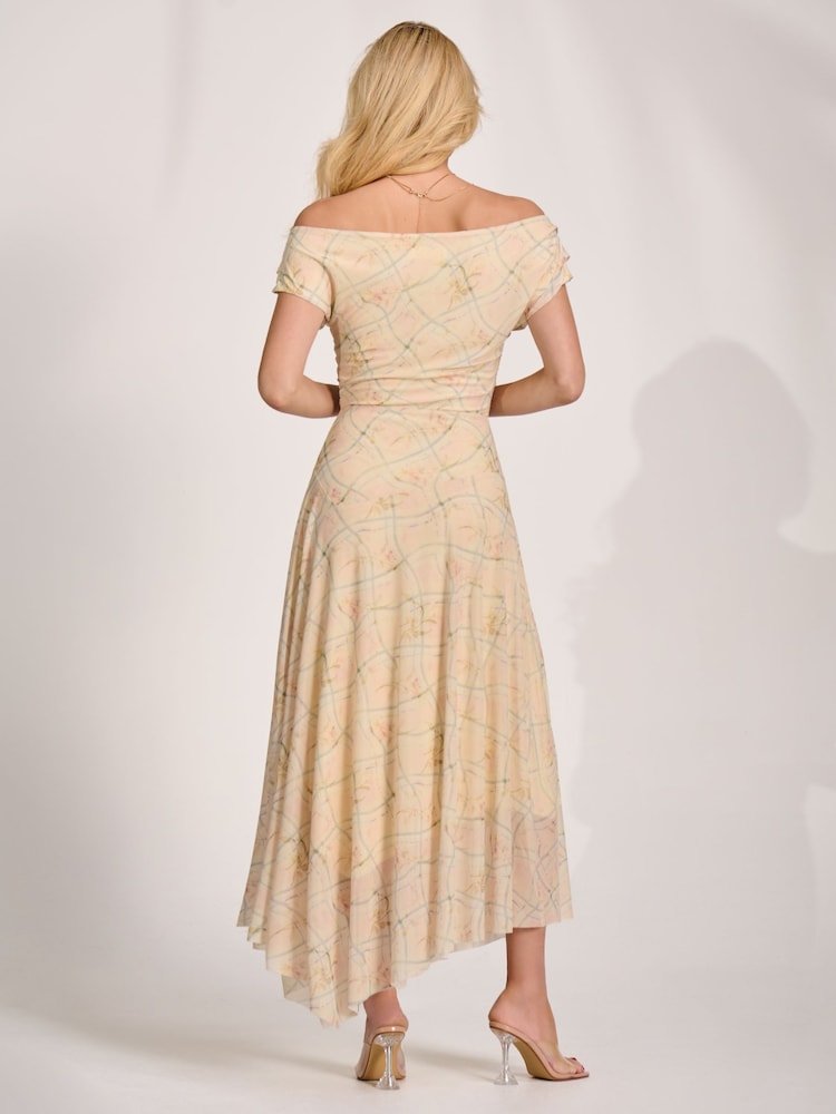 黃色 - Jolie Moi 不對稱垂墜網紗連身長裙 - 圖片 2/6