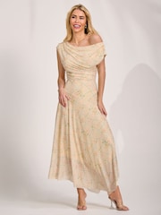 黃色 - Jolie Moi 不對稱垂墜網紗連身長裙 - 圖片 5/6