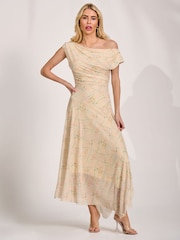 黃色 - Jolie Moi 不對稱垂墜網紗連身長裙 - 圖片 6/6