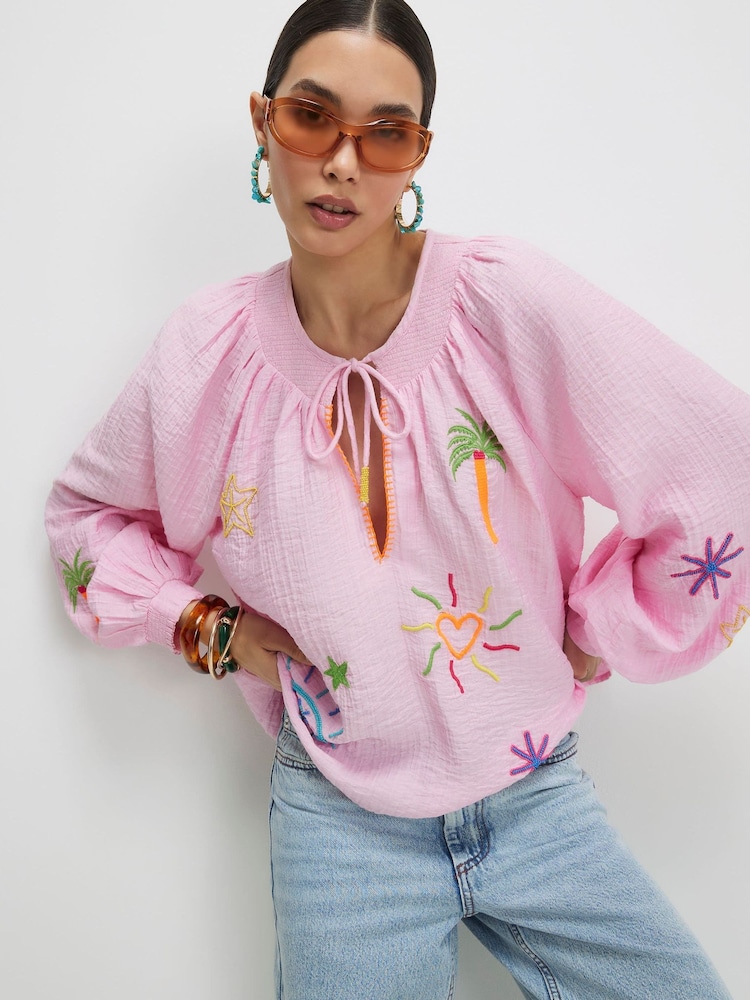 River Island Pink Embriodery Conversational Shirt - Image 1 of 4