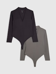 River Island Grey Long Sleeve Plunge Bodysuits 2 Pack - Image 1 of 6