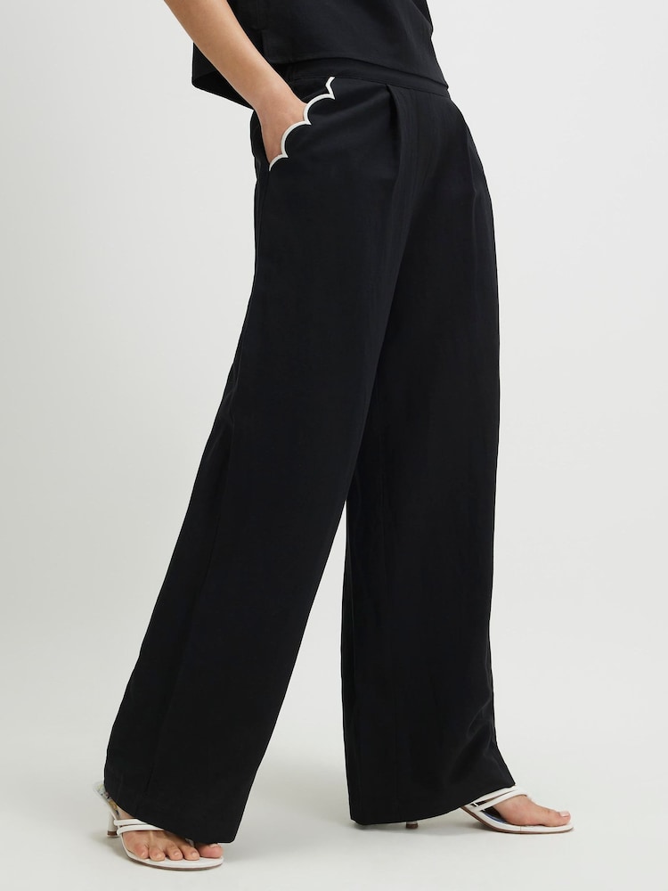 River Island Black Scallop Trim Wide Leg Trousers - Image 1 of 4