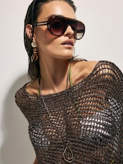 River Island Brown Open Knit Asymmetric Cap - Image 4 of 5